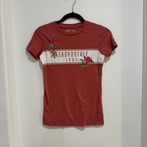 Aeropostale Y2K Baby Tee Size S Floral Embroidered Logo Top 1987 Fitted T-Shirt